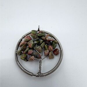 Vintage Unakite Tumbled Stone Tree Of Life Silver Tone 2” Pendant